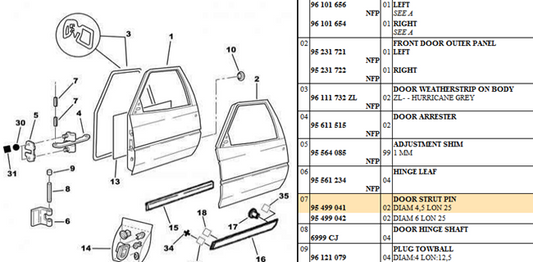 Citroen AX Front And Rear Strut Door Pins, 95 499 041, 95499041