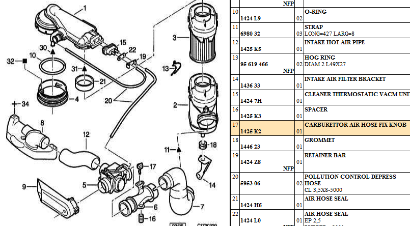 Citroen AX carburettor air hose fix knob and spacer bundle 1425k3 1425k2