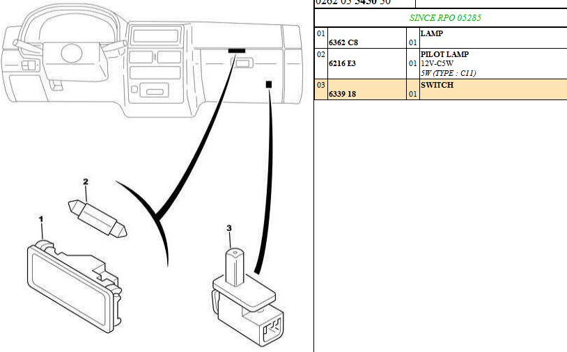 Citroen AX glove box light switch 633918