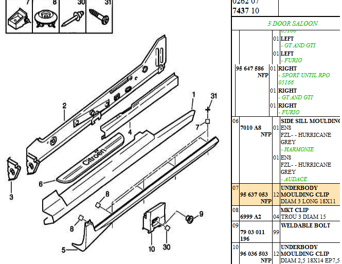 Citroen AX GT, GTi, Sport, Forte, 'Wedge' Clip, 95 637 053, 95637053