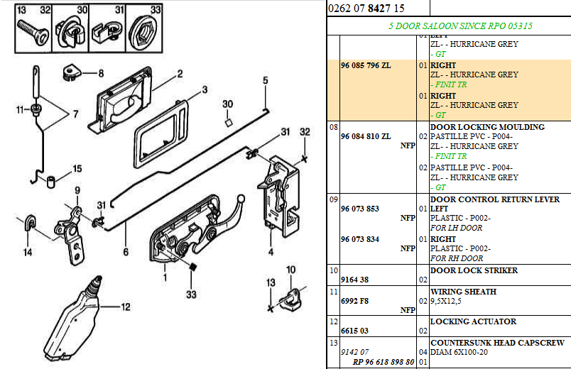 Citroen AX 5 Door Actuator Connecting Rod, Right Side, Hurricane Grey, 96 085 796 ZL