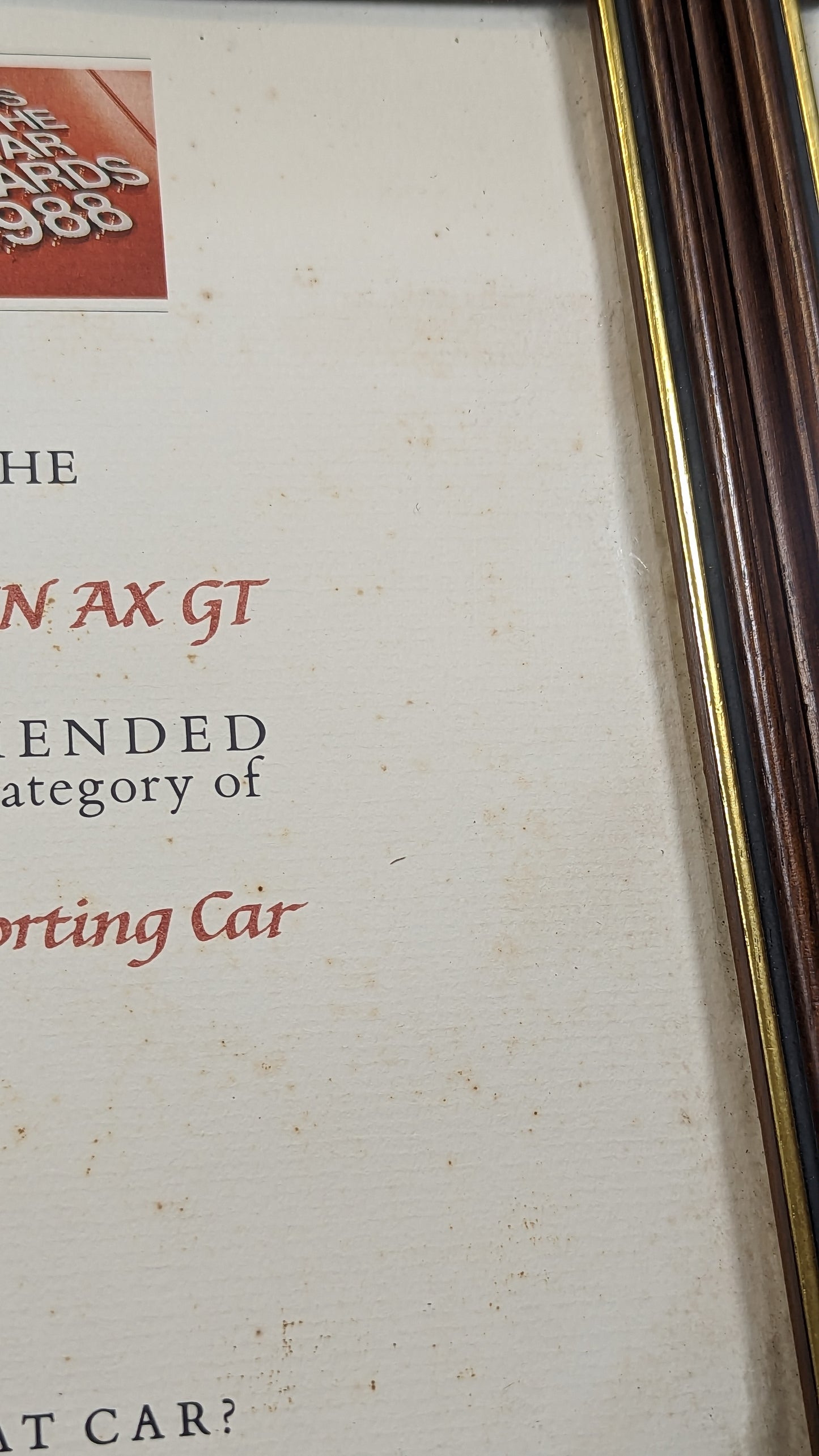 Cars Of The Years Award 1988 - Main Dealer Pictures and Frames.