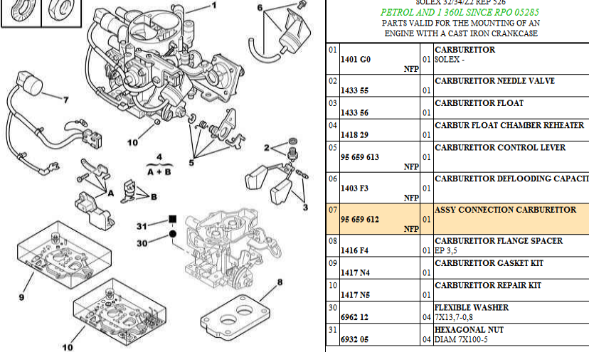 Citroen AX Assy Connection Solex 32/34/Z2 Carburettor, 95 659 612 , 95659612