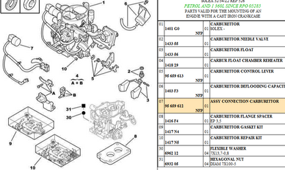 Citroen AX Assy Connection Solex 32/34/Z2 Carburettor, 95 659 612 , 95659612