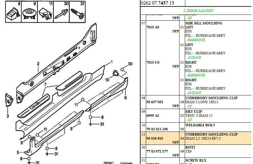 Citroen AX Moulding Body Clip, 96036503, 96 036 503